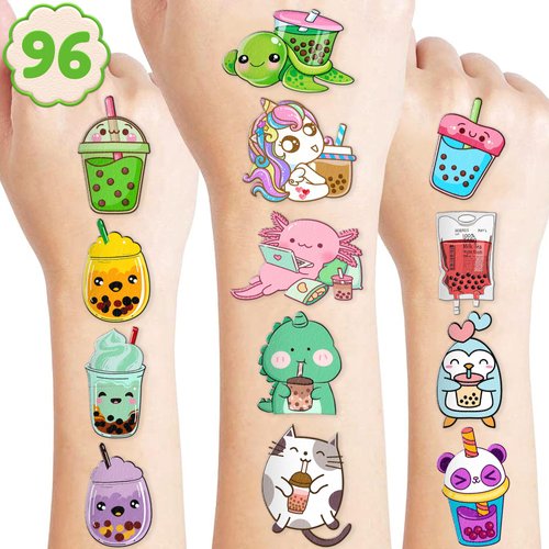 96PCS Bubble Boba Milk Tea Temporary Tattoos Birthday Themed Theme Party Decorations Favors Supplies Decor Cute Kawaii Stickers Gifts for Kids Boys Girls Carnival Class School Rewards Prizes Christmas