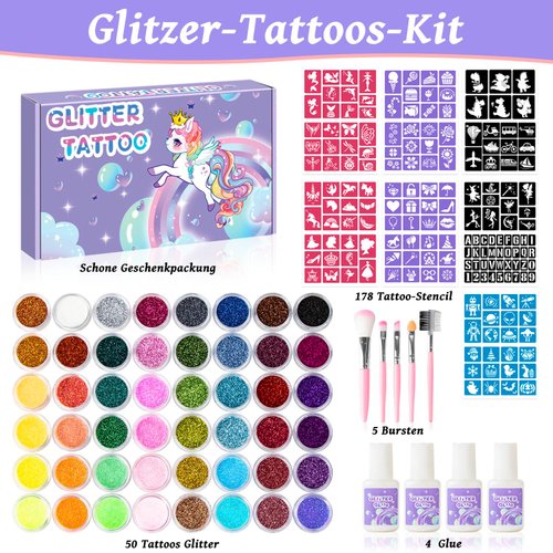 Temporary Glitter Tattoos Kit for Kids,48 Glitter Colors, 178 Stencils,4 Glue,5 Brushes,Adults and Kids Arts Glitter Kit,Wonderful Holiday Gifts for Girls & Boys.
