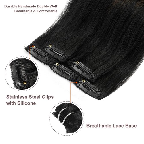 FUBILI Clip in Human Hair Extensions Balayage Natural Black to Chocolate Brown Mix Caramel Blonde Ombre Real Hair Clip on Extensions 20 Inch Natural Hair Extensions 30g 5Pcs