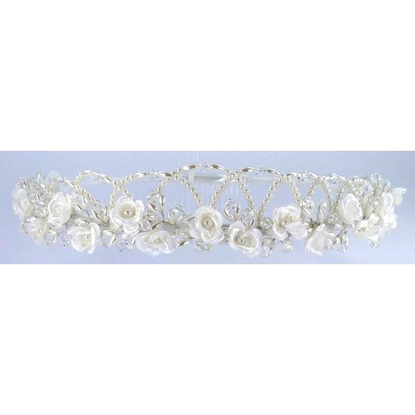 Charming Crown of Lustrous Pearls, Satin Flowers, and Faux Crystal Bead for Communion, Flower Girl, Mini-Bride and Other Special Occasions #8DC80iv