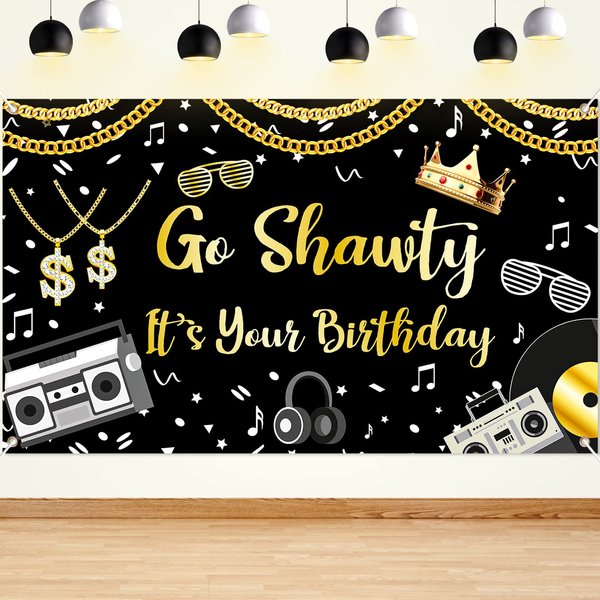 80s 90s Hip Hop Birthday Party Decorations Glitter Rap Theme Birthday Banner Go Shawty It's Your Birthday Sign Backdrop Funny Gold Chain Birthday Photo Booth for Women Men Birthday Party Supplies