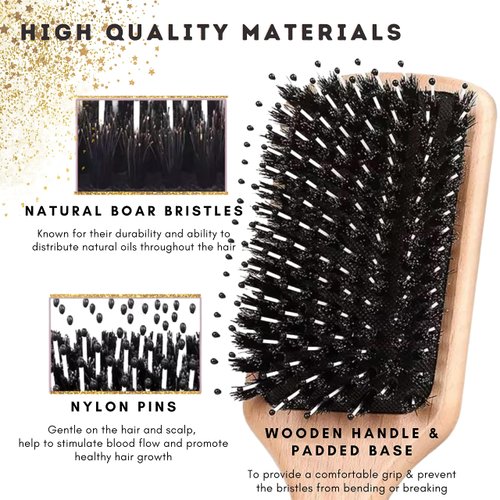 Premium Boar Bristle Hair Brush - Wide Comb Detangling Styling Smoothing Drying Wet Dry Thick Fine Thin Sleek Curly Long Slick Back Frizz Hair, Men Women, Wooden Soft Pin Bristles Paddle Hairbrush Set