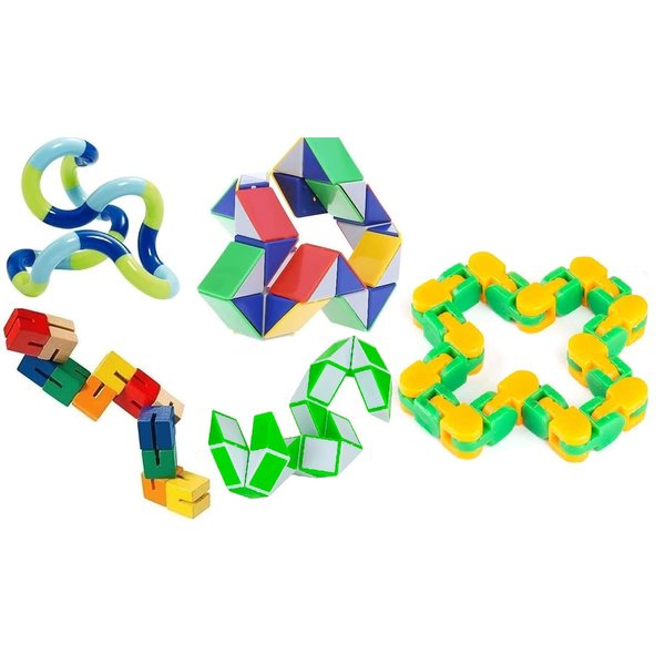 Fidget Sensory Pack Party Favor Goody Bags Set of 5 -Tangle® Twister Fidget Toy Snake Fidget Puzzle Wooden Flex Fidget Snap N Click Wacky Track Mutlicolor Snake Twist Fidget