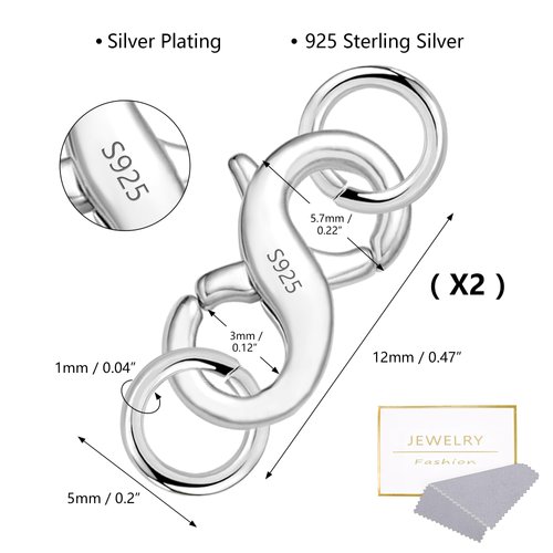 Double Opening Lobster Clasps Closure, 2 Pcs Necklace Bracelet Extender Clasps S925 Sterling Silver Neckalce Clasps with Jump Ring Connectors for Bracelet Anklet DIY Jewelry Finding Supplies (Silver)