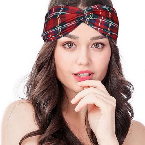 Woration Headbands for Women, Red Plaid Hairband Girls Wide Hand Band Sports Yoga Headscarves Twisted Knotted Headwrap Elastic Headwear Head Wrap
