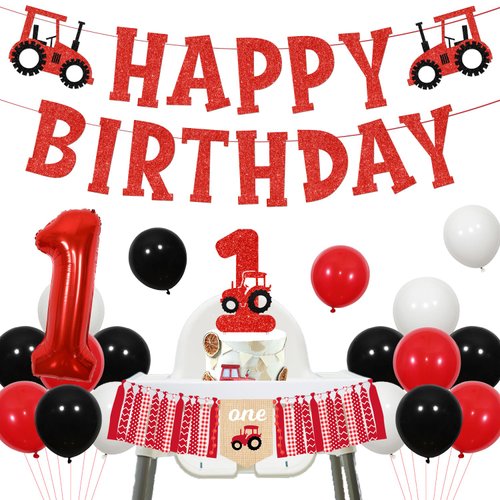 Red Tractor 1st Birthday Party Decorations Farm Tractor Happy Birthday Banner Gold Glitter Tractor Cake Topper Balloons for Kids Boys Girs First Birthday Party Supplies