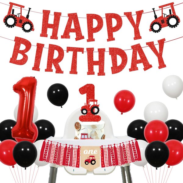 Red Tractor 1st Birthday Party Decorations Farm Tractor Happy Birthday Banner Gold Glitter Tractor Cake Topper Balloons for Kids Boys Girs First Birthday Party Supplies