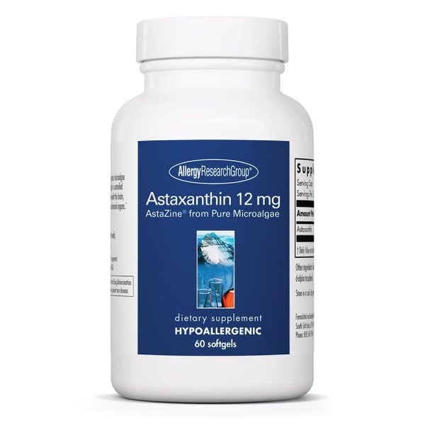 Allergy Research Group Astaxanthin 12mg Supplement - from Organic Microalgae, Eye Health, AstaZine Astaxanthin, Natural Antioxidant, Skin Health, Brain Function Support, Softgels - 60 Count