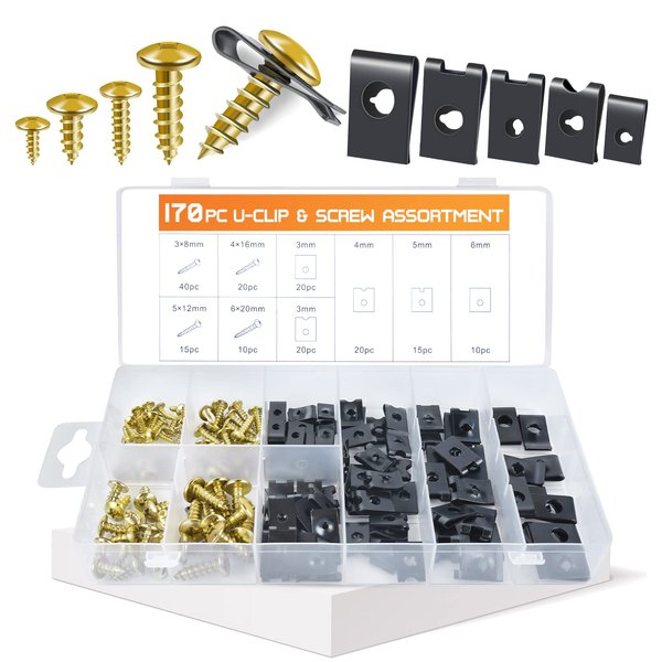 OTUAYAUTO 170PCS Car U Clips with Screw Assortment Kit - 85 Pcs Cross Head Mounting Screws, 85 Pcs Automotive U-Style Screw Clip-On Nuts, Automotive U Nut Screw Clip, for Car Dash Door Panel Interior