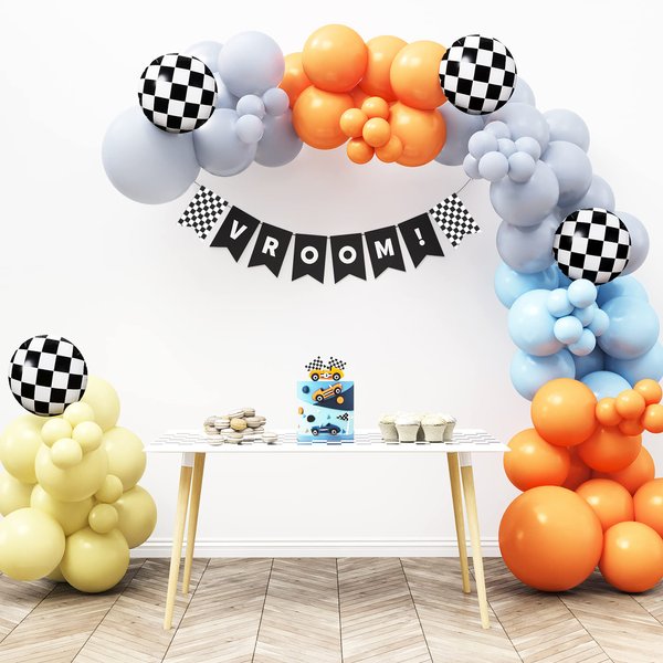 HOUSE OF PARTY Race Car Balloon Garland Kit – Two Fast Birthday Decorations with Blue Orange Yellow Grey & Checkered Balloons, Race Cars Party Supplies