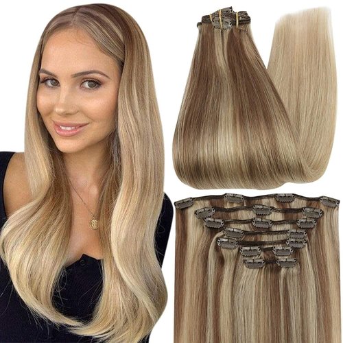 Full Shine Clip in Hair Extensions Human Hair Clip in Extensions Balayage Color 10 Golden Brown Fading to 16 Golden Blonde Highlight 16 Blonde Double Weft Invisible Clip in 12 Inch