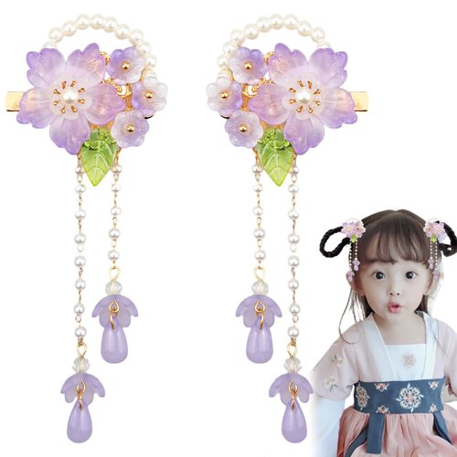 2 Pack of Purple Cherry Blossoms Asian Cute Hair Accessories for Girls Sparkling Crystal Stone Braided Hair Clips for Women Unique Hanfu Decorative Floral Hair Clips Chinese Hair Accessories