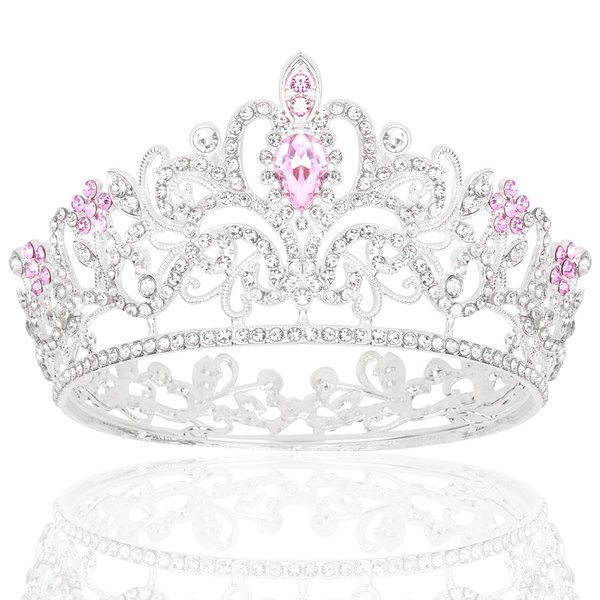 CIEHER Small Crown for Girls Cake Topper Mini Crown Girls Princess Tiara Birthday Crown Wedding Cake Decoration - Silver and Pink