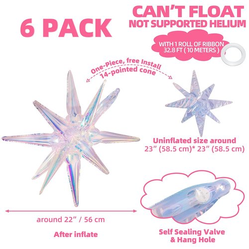 4D 14 Point One-Piece Star Cone Balloon Spike Explosion Star Decoration Magic Party Supplies For Birthday Bachelorette Disco, 6 Pack 22'' Iridescent Metallic Spiky Balloons Dazzle Fireworks Balloons