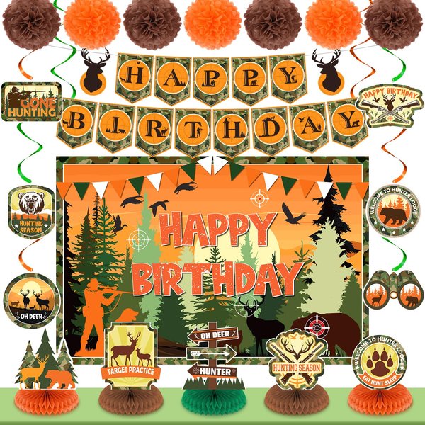 Hunting Birthday Party Decorations Camo Deer Birthday Banner Hunting Birthday Banner Honeycomb Centerpiece Swirls Paper Pompoms for Gone Hunting Camping Birthday Baby Shower Party Supplies