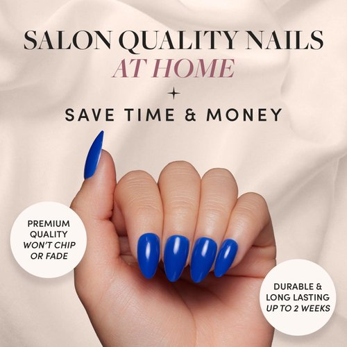 Glamnetic Press On Nails - Cobalt Blue | Opaque Bright Vibrant Blue Short Almond Fake Nails, Reusable | 15 Sizes - 30 Nail Kit