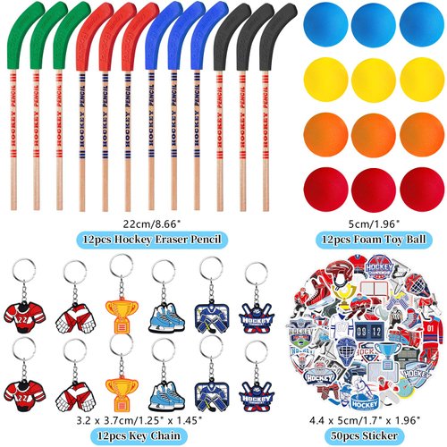 LSJDEER 113 PCS Hockey Party Favors Set ,41 Hockey Stickers, 12 Goodie Bags,12 Button Badges,12 Slap Bracelets, 12 Balls, 12 Pencils, 12 Keychains for Ice Hockey Sports Party Birthday Gift Supplies