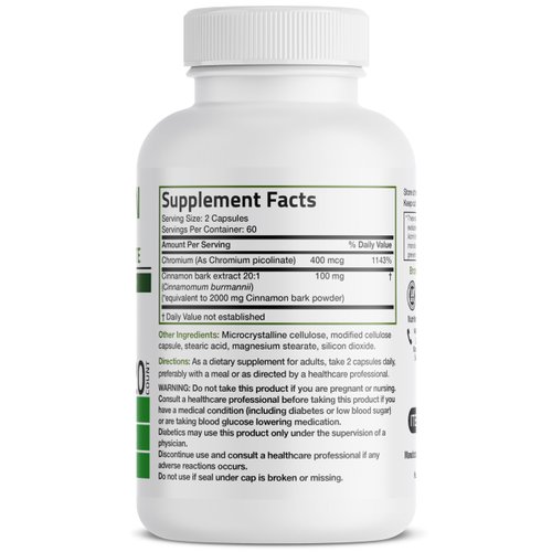 Bronson Cinnamon Plus Chromium Picolinate Supplement, High Potency Chromium, Non-GMO, 120 Vegetarian Capsules