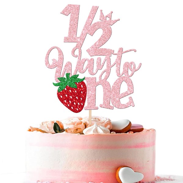 1 PCS Strawberry 1/2 Half Way to One Cake Topper Glitter Berry Sweet Half Way to Go Cake Pick Happy 6 Months Birthday Cake Decoration for Strawberry Theme Baby Shower Birthday Party Supplies Pink