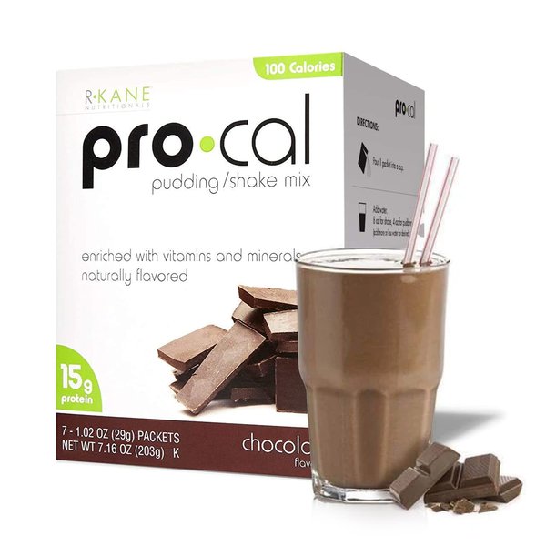 R-Kane Nutritionals Pro-Cal Pudding/Shake Mix, Low Fat Protein Shake Powder, Meal Replacement Shakes, Chocolate-Flavored Boost Drink, Kosher, 15g Protein, 7 Packets per Box