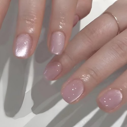 Cat Eye Press on Nails Short False Nails Bright Pink Square Acrylic Nails Full Cover Stick Glue on Fake Nails with Glitter Designs for Women - 24PCS