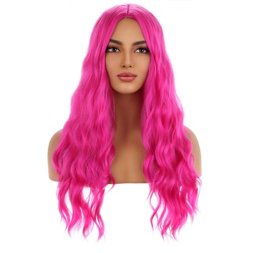 MAGQOO Hot Pink Wig Magenta Wig Long Curly Wavy Pink Wigs for Women Girls Middle Part Heat Resistant Hight Density Synthetic Wigs (Hot Pink)