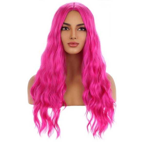 MAGQOO Hot Pink Wig Magenta Wig Long Curly Wavy Pink Wigs for Women Girls Middle Part Heat Resistant Hight Density Synthetic Wigs (Hot Pink)