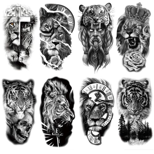 Oottati 8 Sheets Forest Lion Jesus Tiger Cross Skull Rose Crown Old School Arm Leg Temporary Tattoo Stickers