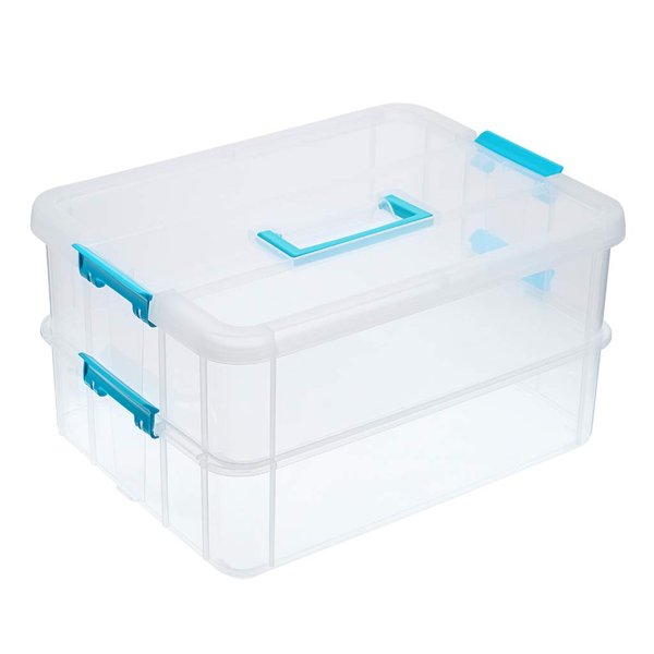 BTSKY 2 Layer Stack & Carry Box, Plastic Multipurpose Portable Storage Container Box Handled Organizer Storage Box for Organizing Stationery, Sewing, Art Craft, Jewelry and Beauty Supplies Blue