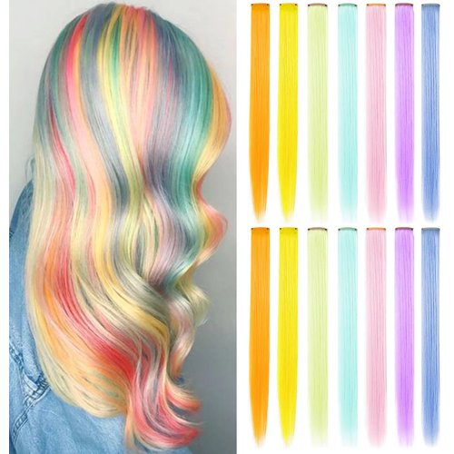 IAMERUI 8 PCS Blue Red Hair Extensions Clip in, Colored Party Highlights Extension for Kids Girls Synthetic Hairpiece Straight 21 inch (Blue Red)