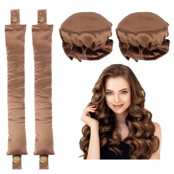 Satin Heatless 2PCS Curlers Set with Hairnet, Overnight Hair Curling Tools for Lazy Curl Styling (Coffee)