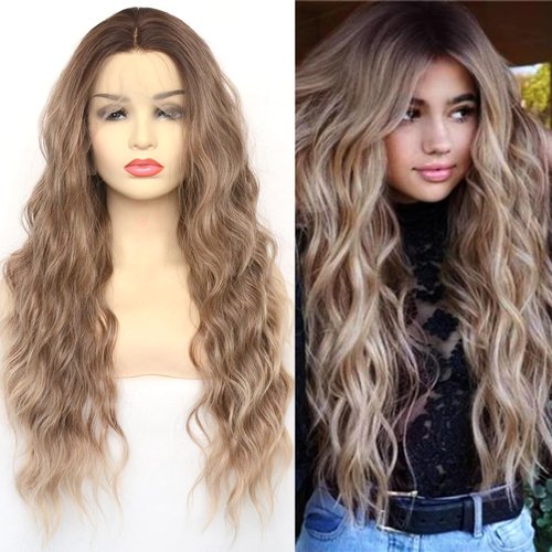 BLUPLE Blonde Lace Front Wigs Ombre Brown Roots T-Lace Part Ash Blonde Long Curly Hair Wigs with Middle Part Synthetic Hair Replacement Full Wigs for Women Daily Wear (Ombre Brown, 22Inch)
