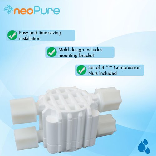 1/4" 4-Way Auto Shut-Off Valve for RO Systems – Quick-Connect Fittings, Food-Grade POM Material, Easy Installation - White