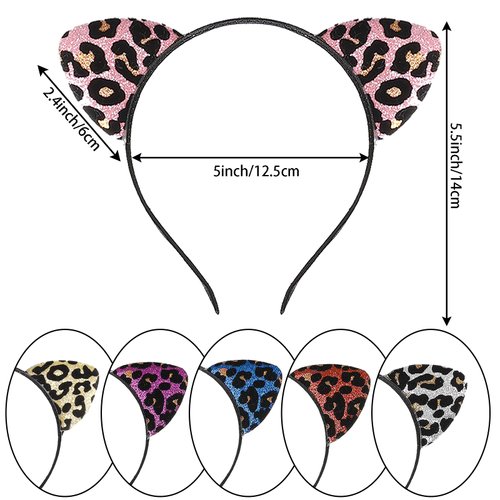Haakong 6Pcs Leopard Cat Ears Headband Leopard Ears Headband Glitter Flocking Cat Ears Headband for Woman and Girls Party Supplies