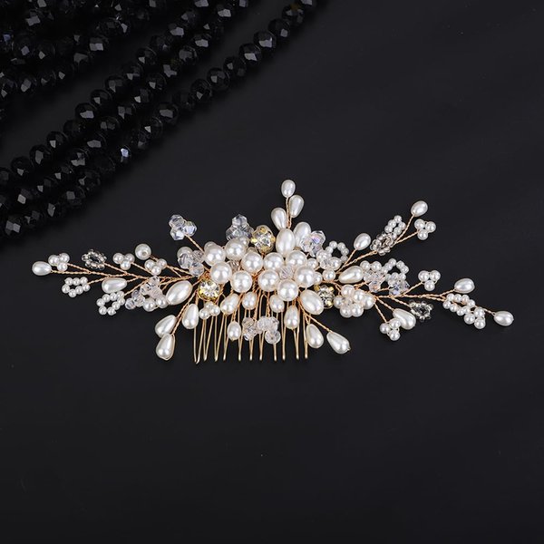 Teyglen Pearl Bride Wedding Hair Comb Flower Crystal Hair Piece Bridal Pearl Hair Comb Rhinestone Headpiece Hair Accessories for Women Girls (Gold)