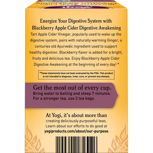 Yogi Blackberry Apple Cider Digestive Awakening Organic Tea, Caffeine-Free, Vegan Friendly, Kosher, USDA Certified Organic, Non-GMO, 16 Tea Bags (Pack of 6)