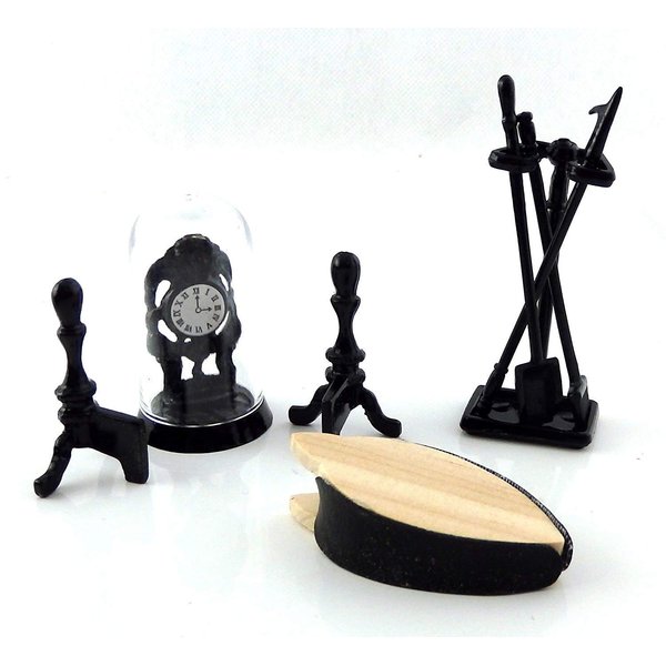 Melody Jane Dolls Houses Victorian Fireplace Companion Set & Clock Black Miniature Accessory