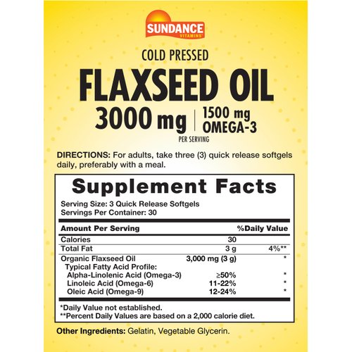 Sundance Flaxseed Oil 3000mg | 90 Softgels | with 1500mg Omega-3 | Cold Pressed | Non-GMO and Gluten Free Supplement