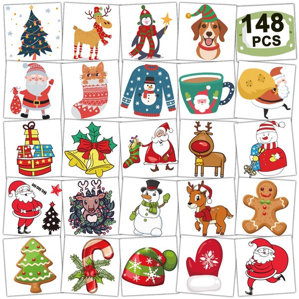 CHARLENT 148 PCS Christmas Temporary Tattoos for Kids - Xmas Individual Tattoos for Kids Christmas Party Favors, Stocking Stuffer, Christmas Eve Gift