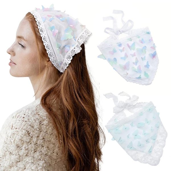Woeoe Butterfly Chiffon Hair Bandanas Triangle Floral Hair Scarf Headband Print Lace Head Kerchief for Women Girls(2 Pcs)