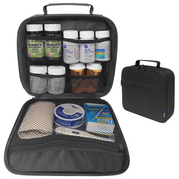 StarPlus2 - Medium Travel Pill Bottle Organizer, Medicine Bag, Carrier for Medications and Medical Supplies - Black (Without Lock)