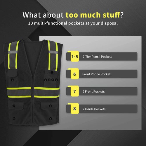 SHORFUNE High Visibility Safety Vest with 10 Pockets, Mic Tabs, Zipper and Reflective Strips, Reflective Construction Vest for Men and Women, ANSI/ISEA Standards, Black, XL