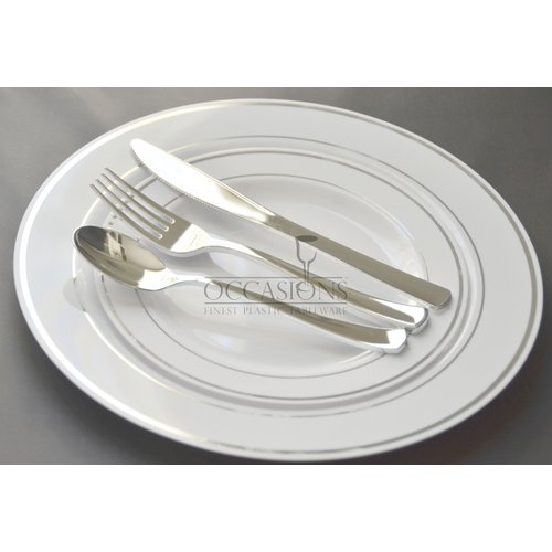" OCCASIONS " Wedding Party 9'', 7.5'', 6'' disposable plastic plates and silverware combo (120, White w/silver rim)