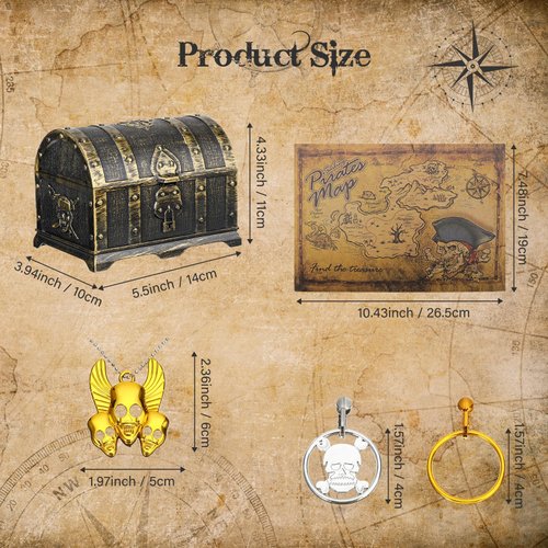 Enhon 147 Pieces Pirate Treasure Chest Toy Box with Lock and 1 Pirate Map 100 Colorful Gems 40 Pirate Coins 4 Earrings 2 Skeleton Necklaces for Halloween Pirate Themed Party Favors (Vintage Style)