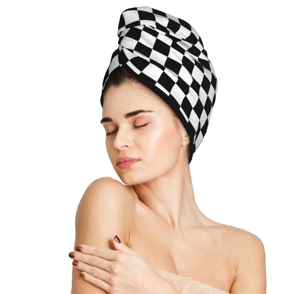 famliihw Black and White Checkerboard Hair Towel Wrap Microfiber Fast Drying Hair Turban with Buttons for Women Men Drying Curly, Long & Thick Hair