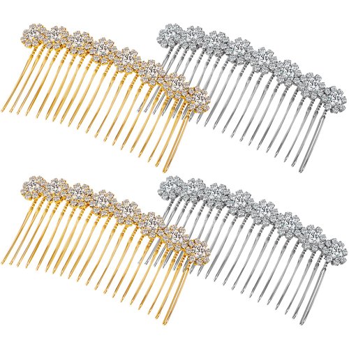 Geosar 4 Pieces Alloy Rhinestone Side Hair Combs Crystal Flower Hair Clips Wedding Hair Comb Bridal Jewelry Hair Clips Combs French Hair Accessories for Women and Girls (Silver,Gold)