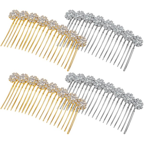 Geosar 4 Pieces Alloy Rhinestone Side Hair Combs Crystal Flower Hair Clips Wedding Hair Comb Bridal Jewelry Hair Clips Combs French Hair Accessories for Women and Girls (Silver,Gold)