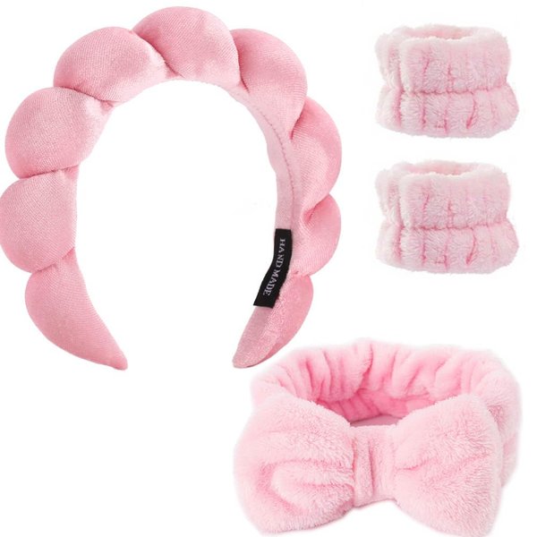 puffy Spa Headbands & Wristband Set,4pack Makeup Headband, Face Wash Headband, Skincare Headbands, Sponge Hair Band Bow Tie Spa Headband for Washing Face Wristband Set Hair Accessories for Women Gifts