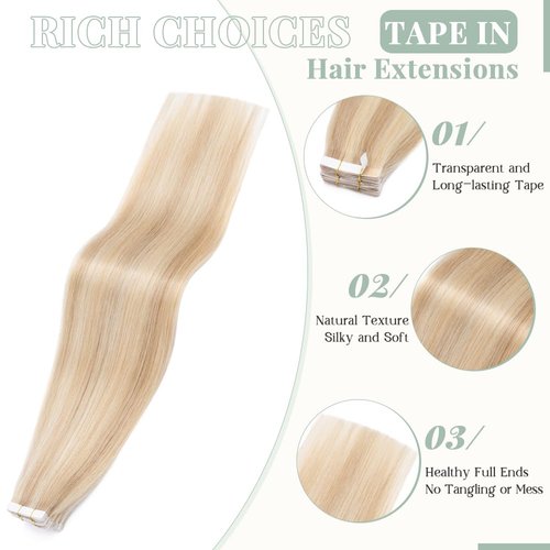 Rich Choices Tape in Hair Extensions Human Hair Ash Blonde Highlighted Bleach Blonde 100% Remy Hair Extensions Real Human Hair Seamless Tape in Hair Extension Human hair 20 inch 40pcs 100g #18P613
