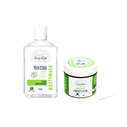 Organic Oral Care Pack - Food Grade Peroxide Whitening Mouthwash + Remineralizing Toothpaste - by Lucky Teeth.